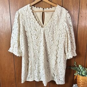 Plus Size 2XL Cream Boho‎ Lace Top Tunic V Neck 3/4 Sleeve Sheer Overlay